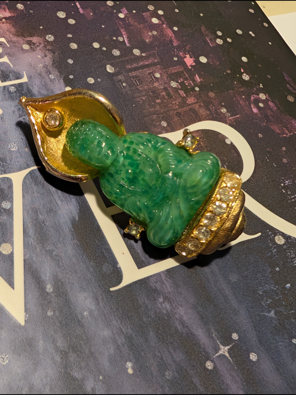 Green Buddha Brooch with Gold and Crystal Accents
